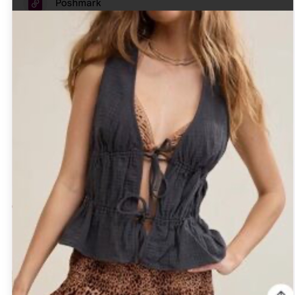 aerie Charcoal Smocked Tie-Front Tank Top